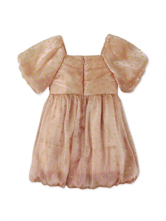 Girls' Dotted Crumpled Organza with Ruched Bodice and Bubble Sleeves Waisted Dress