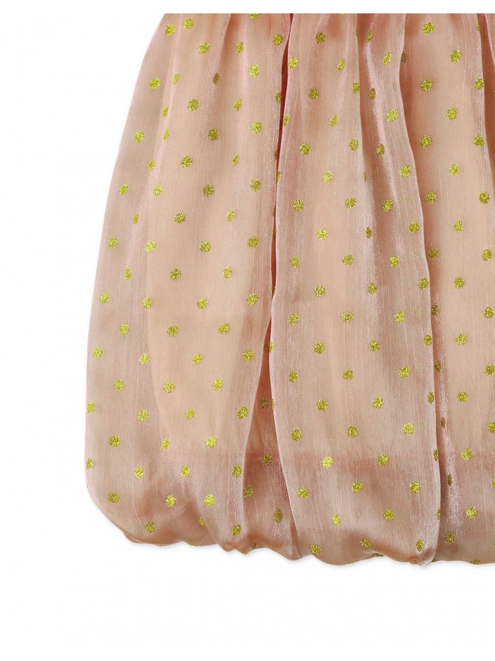 Girls' Dotted Crumpled Organza with Ruched Bodice and Bubble Sleeves Waisted Dress