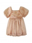 Girls' Dotted Crumpled Organza with Ruched Bodice and Bubble Sleeves Waisted Dress