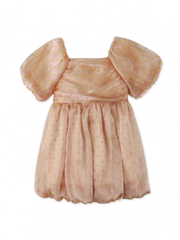 Girls' Dotted Crumpled Organza with Ruched Bodice and Bubble Sleeves Waisted Dress