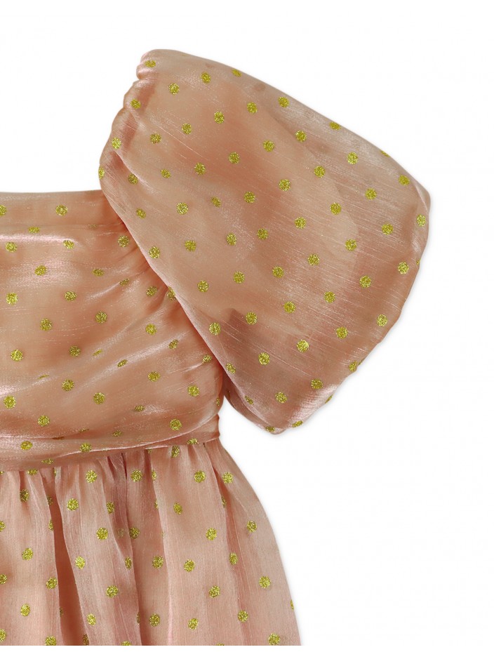 Girls' Dotted Crumpled Organza with Ruched Bodice and Bubble Sleeves Waisted Dress
