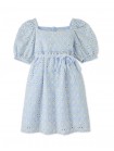 Girls' Geometric Eyelet Empire Puff Sleeves Dress with Sash