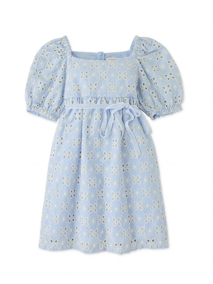 Girls' Geometric Eyelet Empire Puff Sleeves Dress with Sash