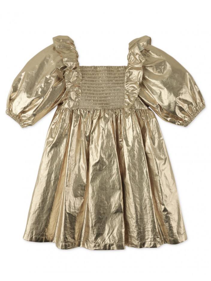 Girls' Gold Dress With Puff Sleeves & Smocked Bodice