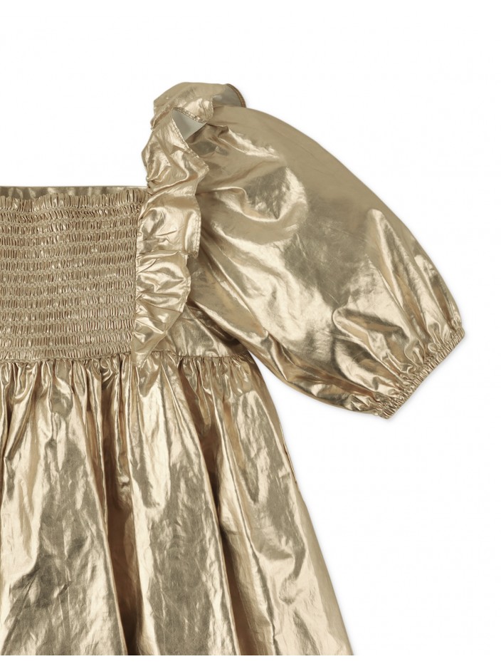 Girls' Gold Dress With Puff Sleeves & Smocked Bodice