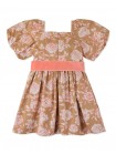 Girls' Rose Toile Print Dress With Sash And Puff Sleeves