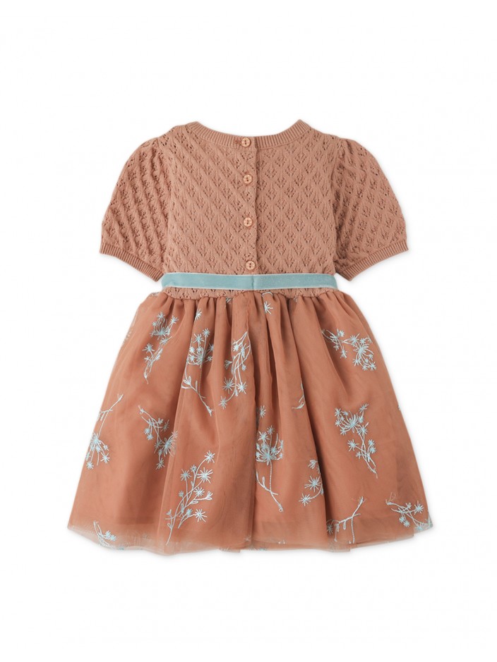 Baby Girls' Knitted Top & Embroidered Tulle Dress With Belt