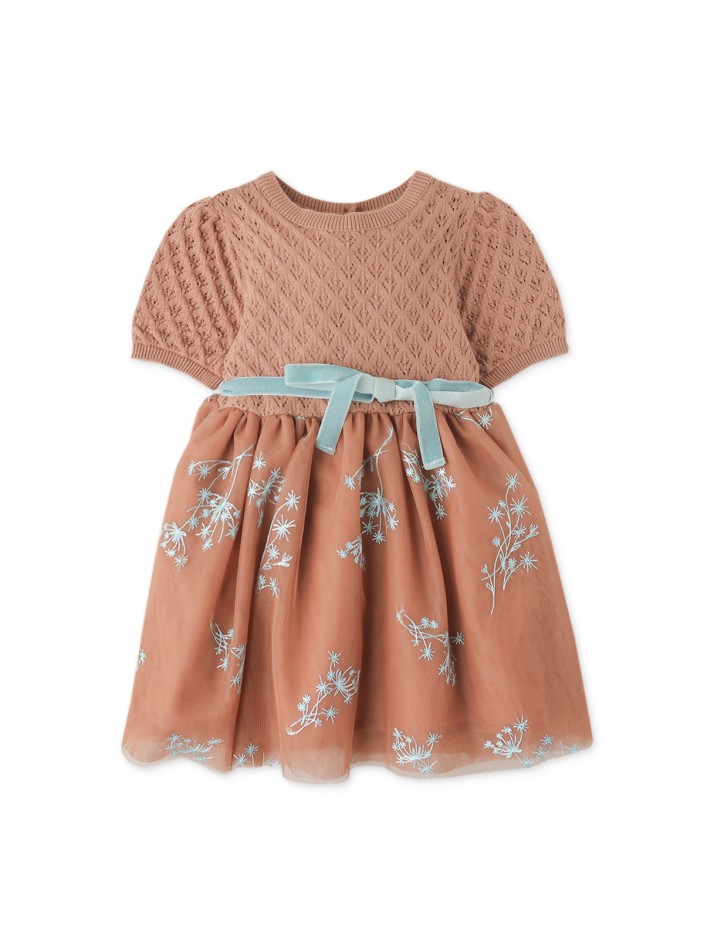 Baby Girls' Knitted Top & Embroidered Tulle Dress With Belt