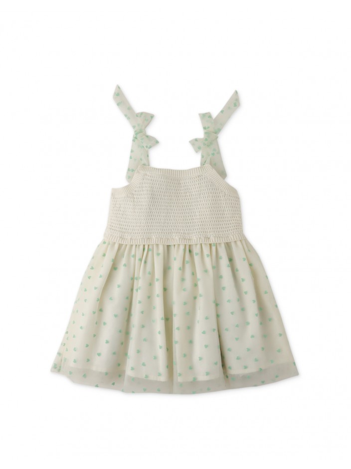 Baby Girls' Knitted Top & Heart Printed Tulle Dress Combi With Bow