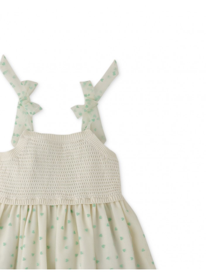 Baby Girls' Knitted Top & Heart Printed Tulle Dress Combi With Bow