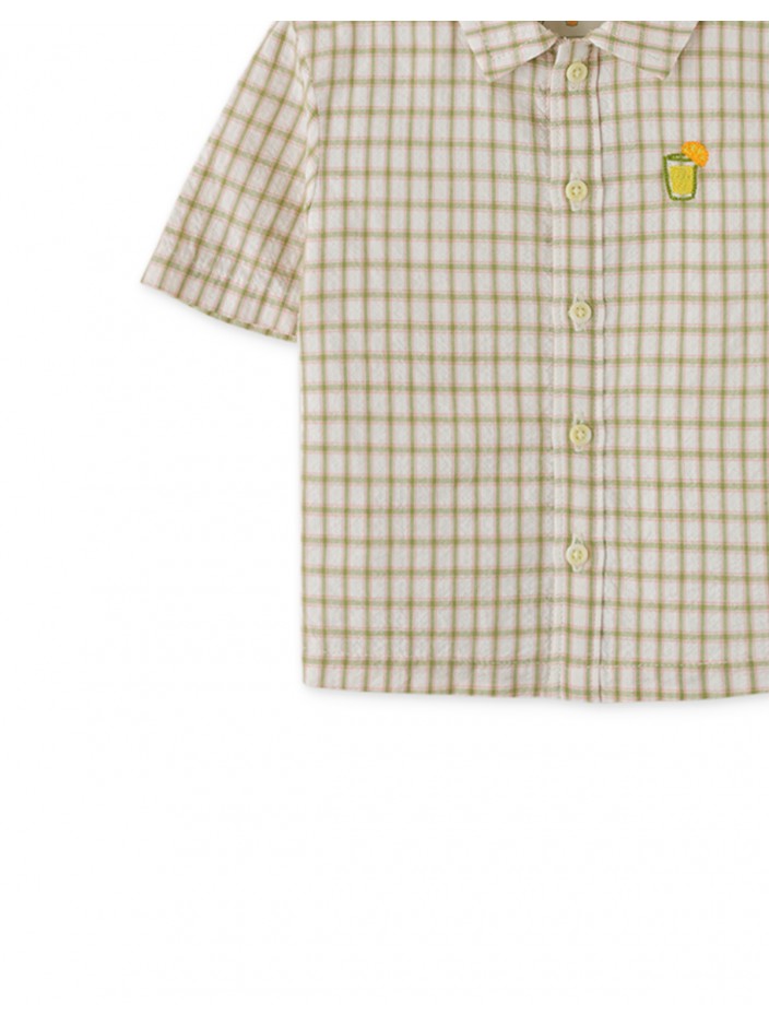 Baby Boys' Crumpled Cotton Checks Short Sleeves Shirt W/ Embroidery