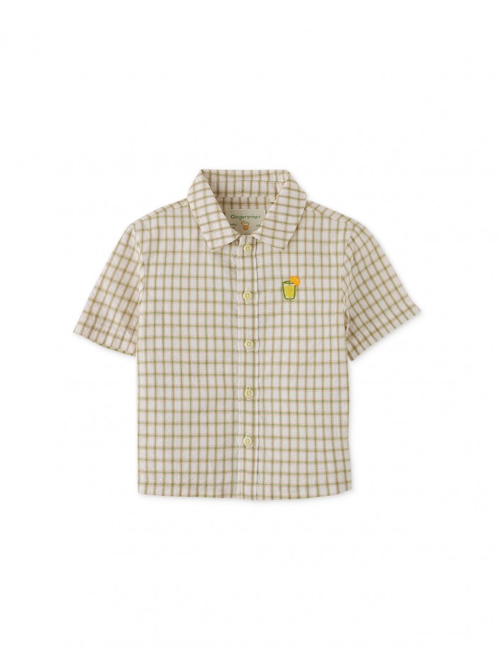 Baby Boys' Crumpled Cotton Checks Short Sleeves Shirt W/ Embroidery