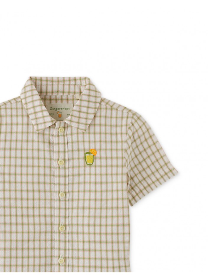 Baby Boys' Crumpled Cotton Checks Short Sleeves Shirt W/ Embroidery