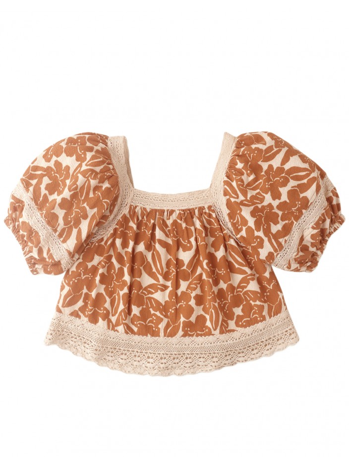 Girls' Floral Print Lace Cut Out Blouse