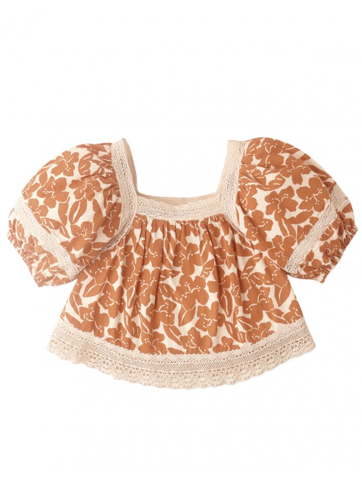 Girls' Floral Print Lace Cut Out Blouse