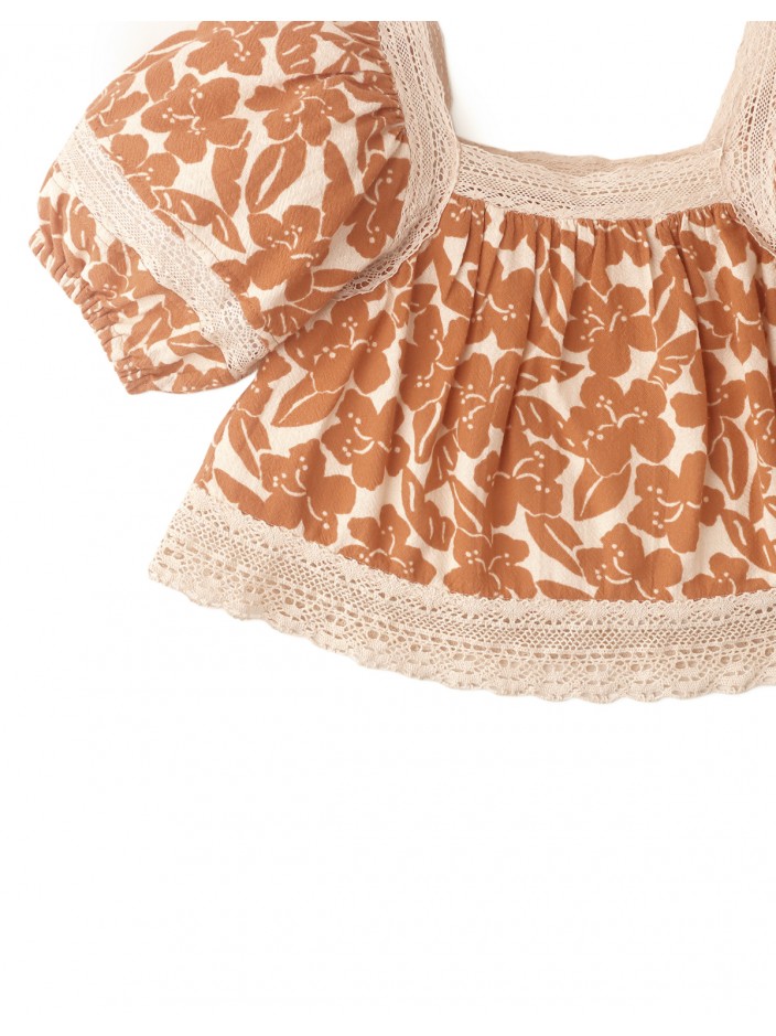 Girls' Floral Print Lace Cut Out Blouse