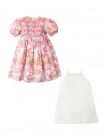 Girls Printed Smocked Dress With Puff Sleeves And Inner Camisole