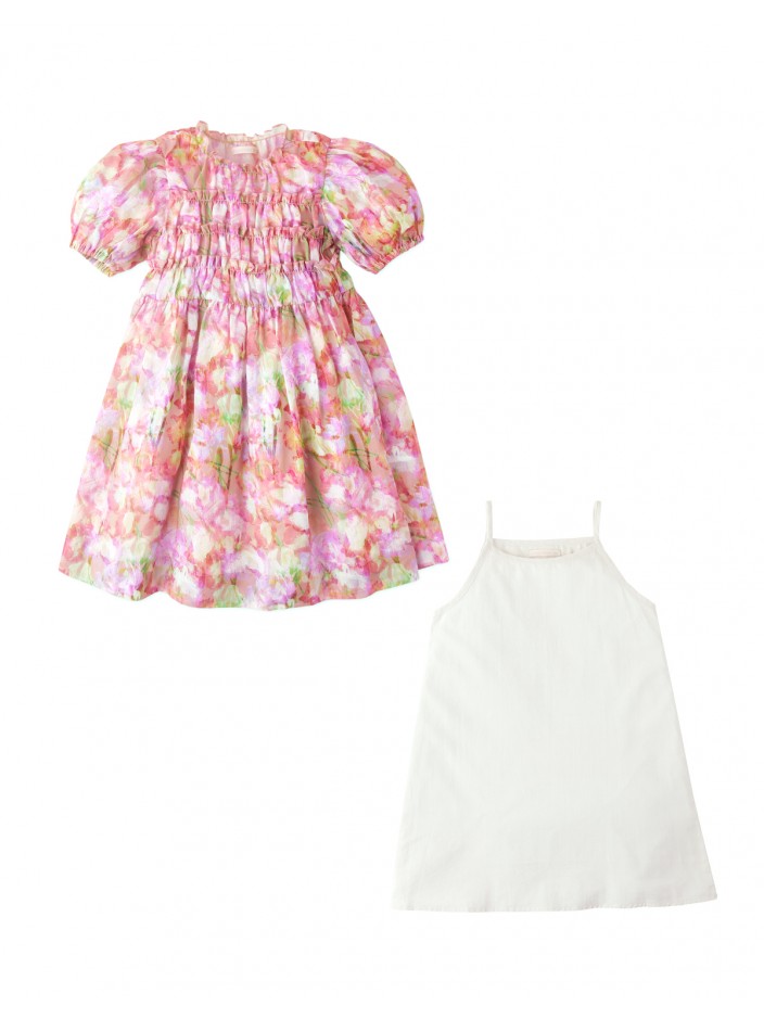 Girls Printed Smocked Dress With Puff Sleeves And Inner Camisole