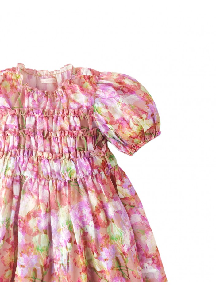 Girls Printed Smocked Dress With Puff Sleeves And Inner Camisole