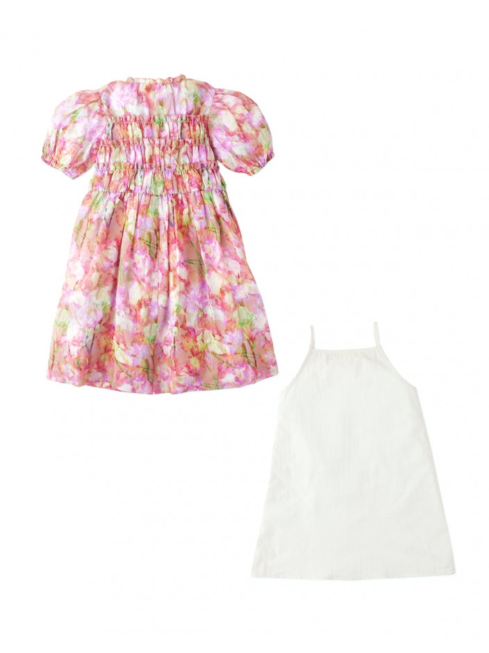 Girls Printed Smocked Dress With Puff Sleeves And Inner Camisole