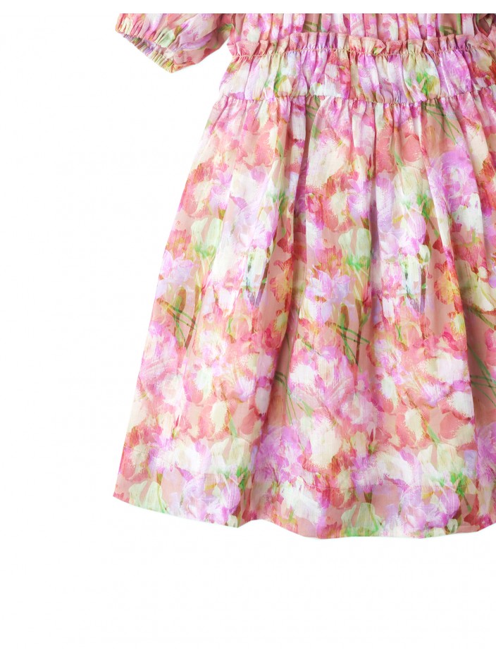 Girls Printed Smocked Dress With Puff Sleeves And Inner Camisole