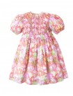 Girls Printed Smocked Dress With Puff Sleeves And Inner Camisole