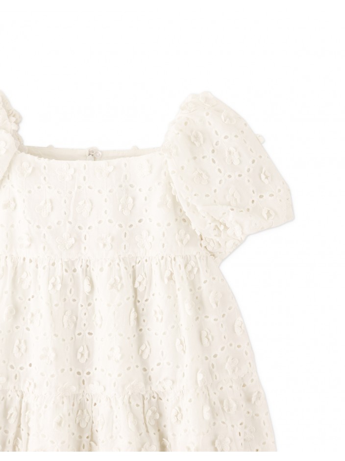 Girls Eyelet Dress With Puff Sleeves And Tiered Bottom