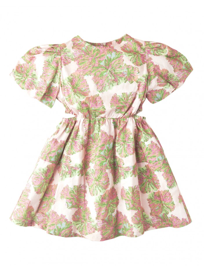 Girls Floral Print Waisted Dress With Puff Sleeves And Side Cut Outs