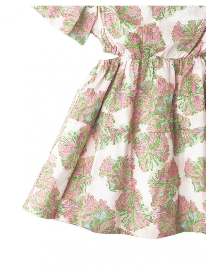 Girls Floral Print Waisted Dress With Puff Sleeves And Side Cut Outs