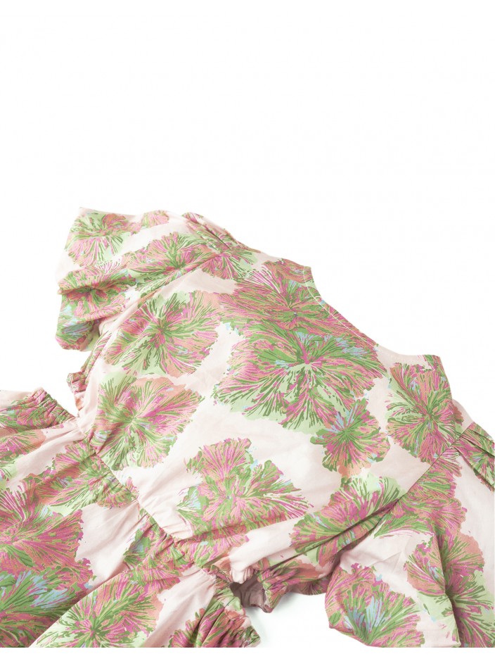 Girls Floral Print Waisted Dress With Puff Sleeves And Side Cut Outs