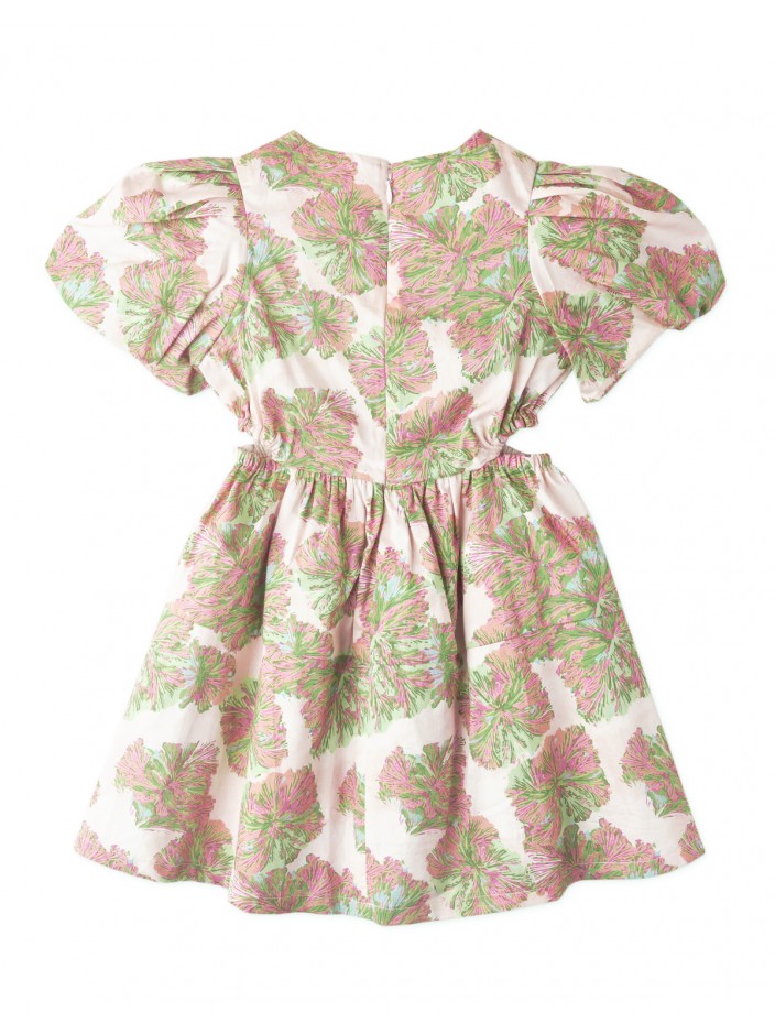 Girls Floral Print Waisted Dress With Puff Sleeves And Side Cut Outs