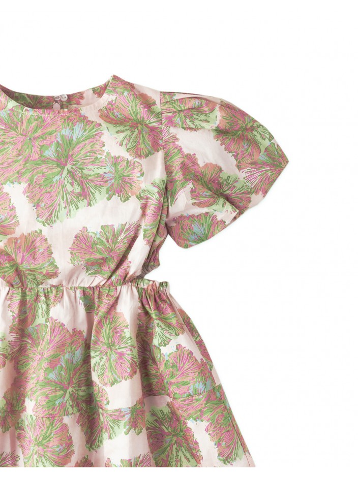 Girls Floral Print Waisted Dress With Puff Sleeves And Side Cut Outs