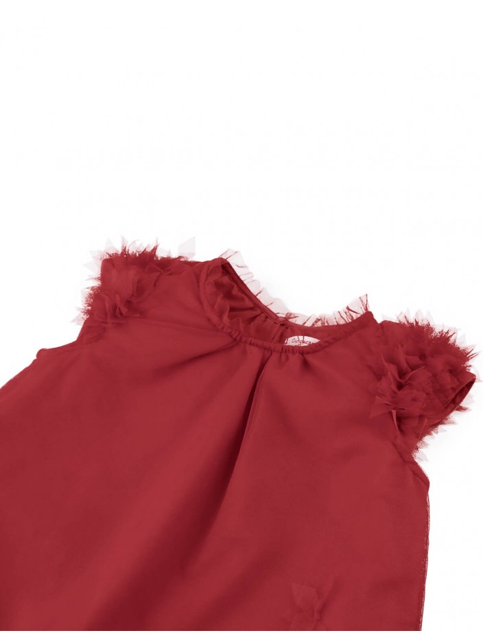 Girls' Dorothy Swing Dress Red With Floral Applique On Sleeves