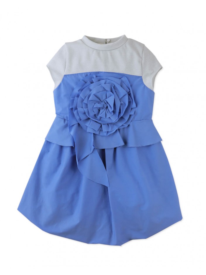 Girls' Bethel Mock Tee Bubble Dress Blue With Rose Applique & Peplum