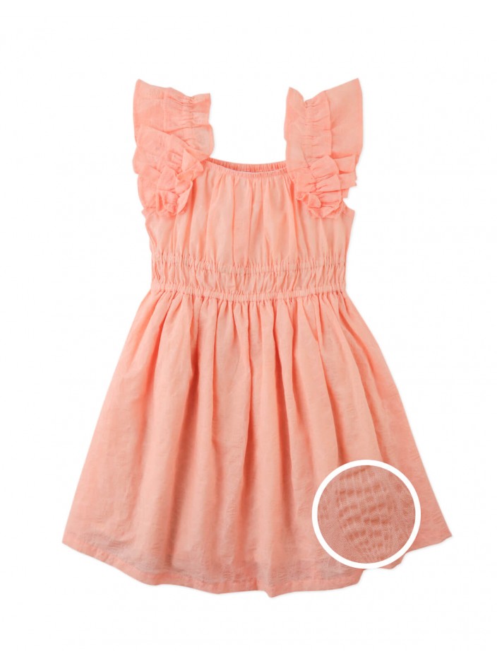 Yuno Floral Textured Smocked Waist Dress With Ruffle Sleeves