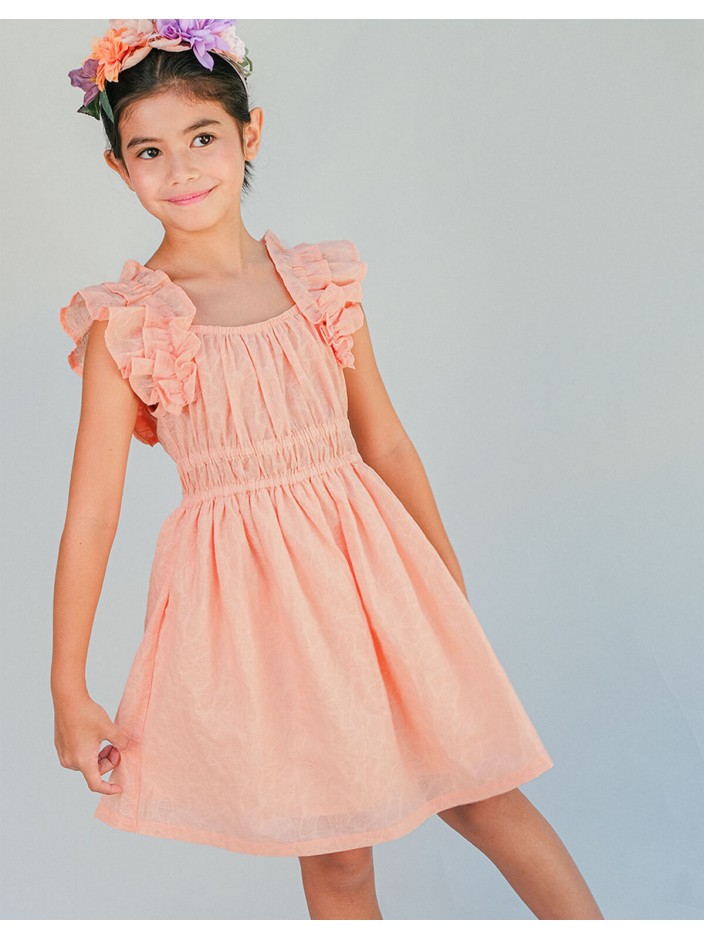 Yuno Floral Textured Smocked Waist Dress With Ruffle Sleeves