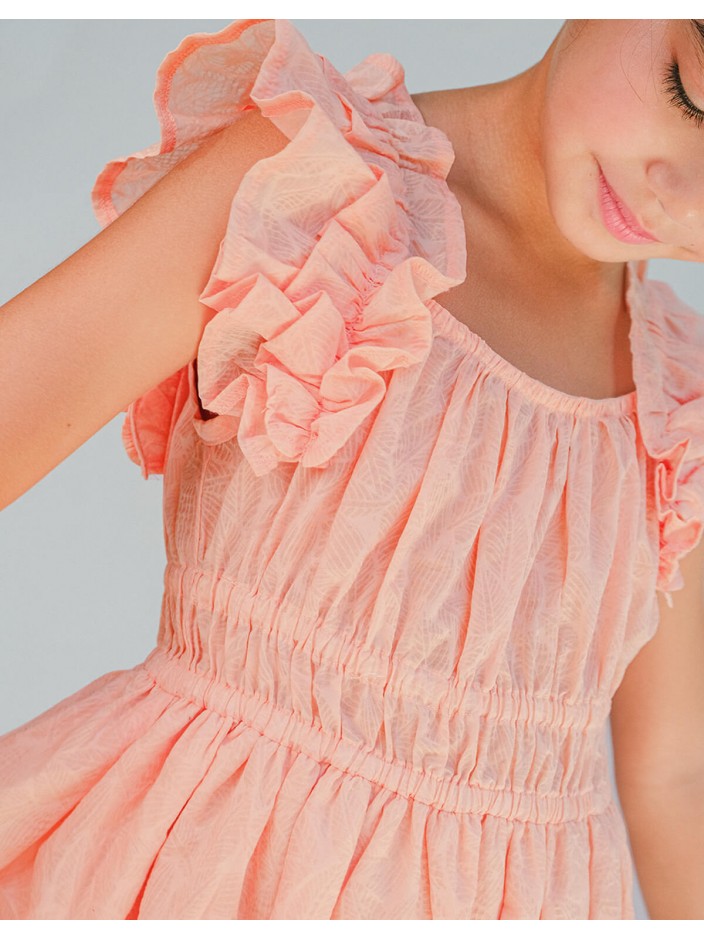 Yuno Floral Textured Smocked Waist Dress With Ruffle Sleeves