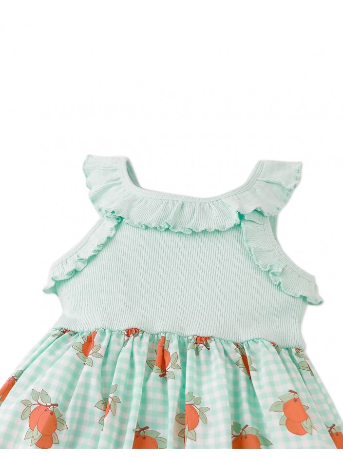 Jessie Frilled Pointelle Bodice Dress with Orange Gingham Print Bottom.