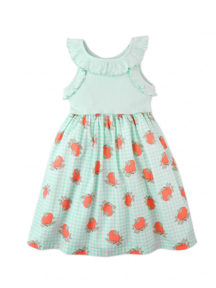 Jessie Frilled Pointelle Bodice Dress with Orange Gingham Print Bottom.