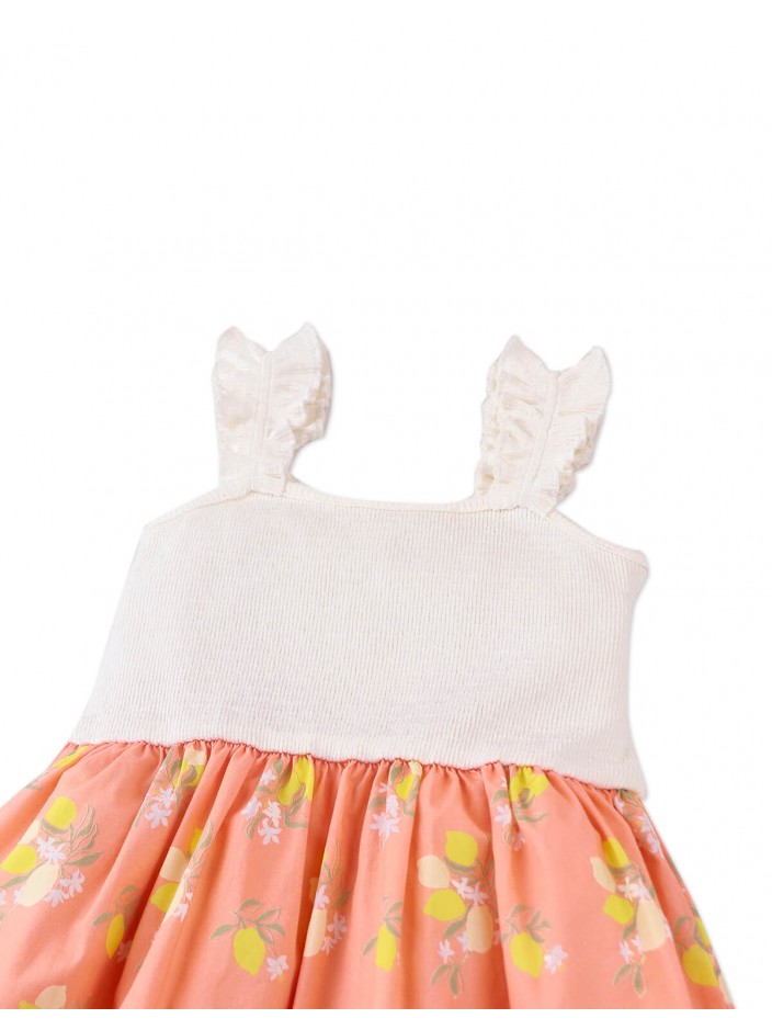 Josette Dress with a Ribbed Top, Ruffle Strap Sleeves, and Shirred Bottom.