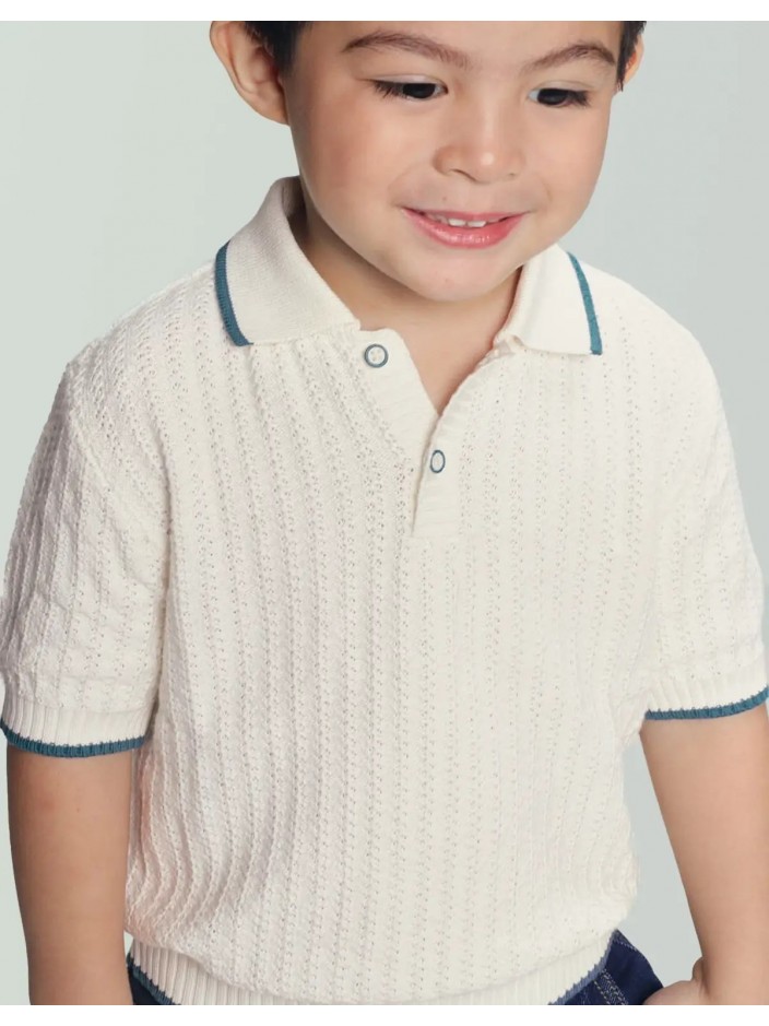 Bill Crochet-Like Knit Polo Shirt With Stripe Tipping