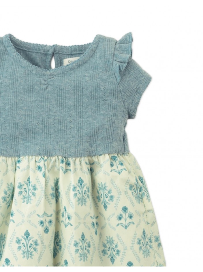 Baby Juliana Dress with Denim Pointelle Bodice and Printed Woven Skirt