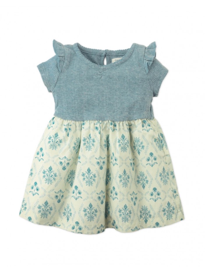 Baby Juliana Dress with Denim Pointelle Bodice and Printed Woven Skirt
