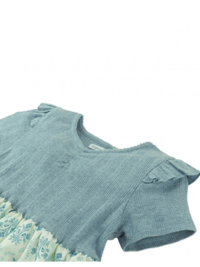 Juliana Dress with Denim Pointelle Bodice and Printed Woven Skirt