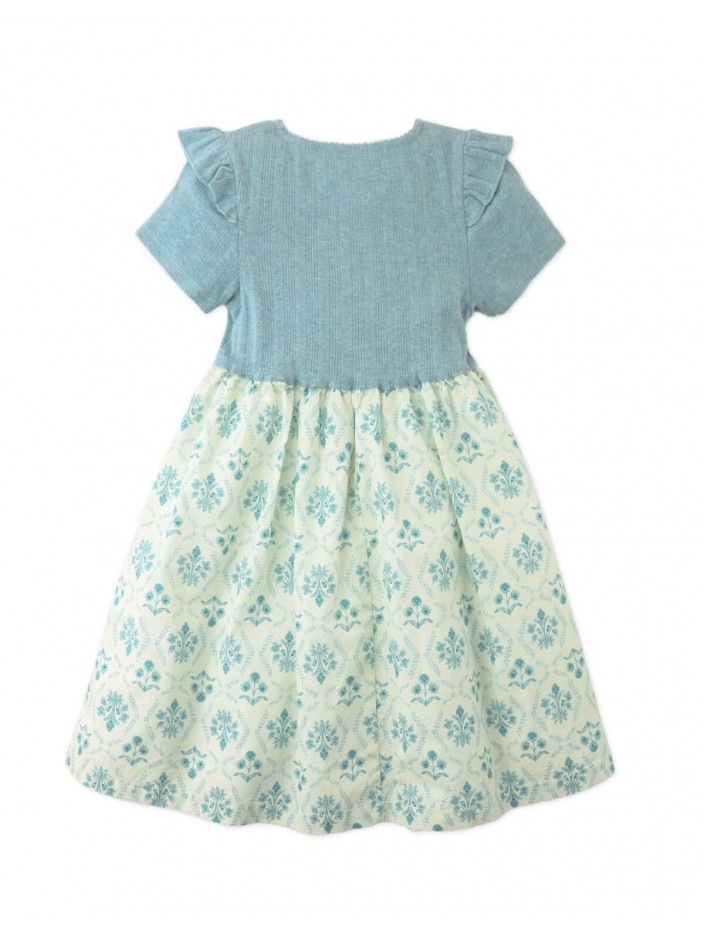 Juliana Dress with Denim Pointelle Bodice and Printed Woven Skirt