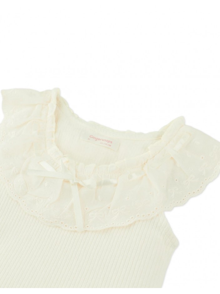 Cindy Ribbed Top with Scalloped Collar and Bow