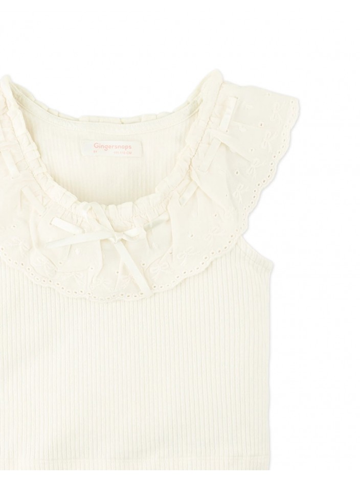 Cindy Ribbed Top with Scalloped Collar and Bow