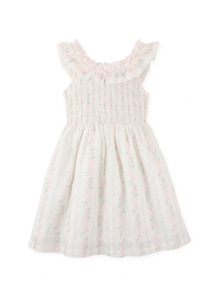 Allegra Printed Smocked Dress with Ruffled and Ribbon Details