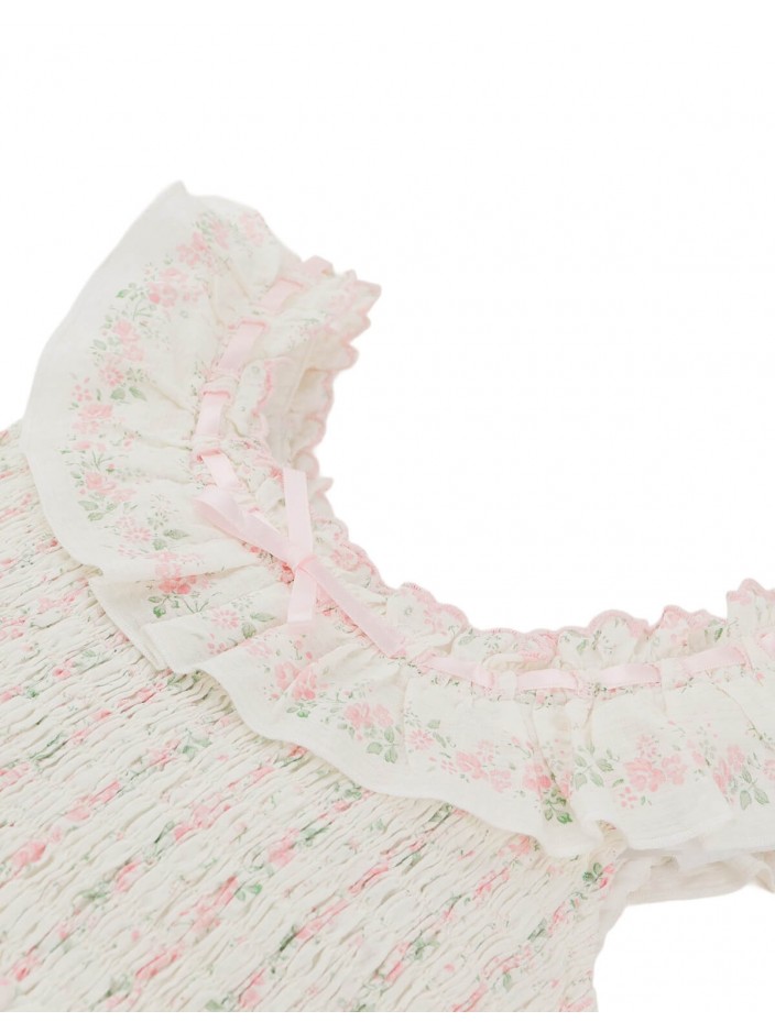Allegra Printed Smocked Dress with Ruffled and Ribbon Details