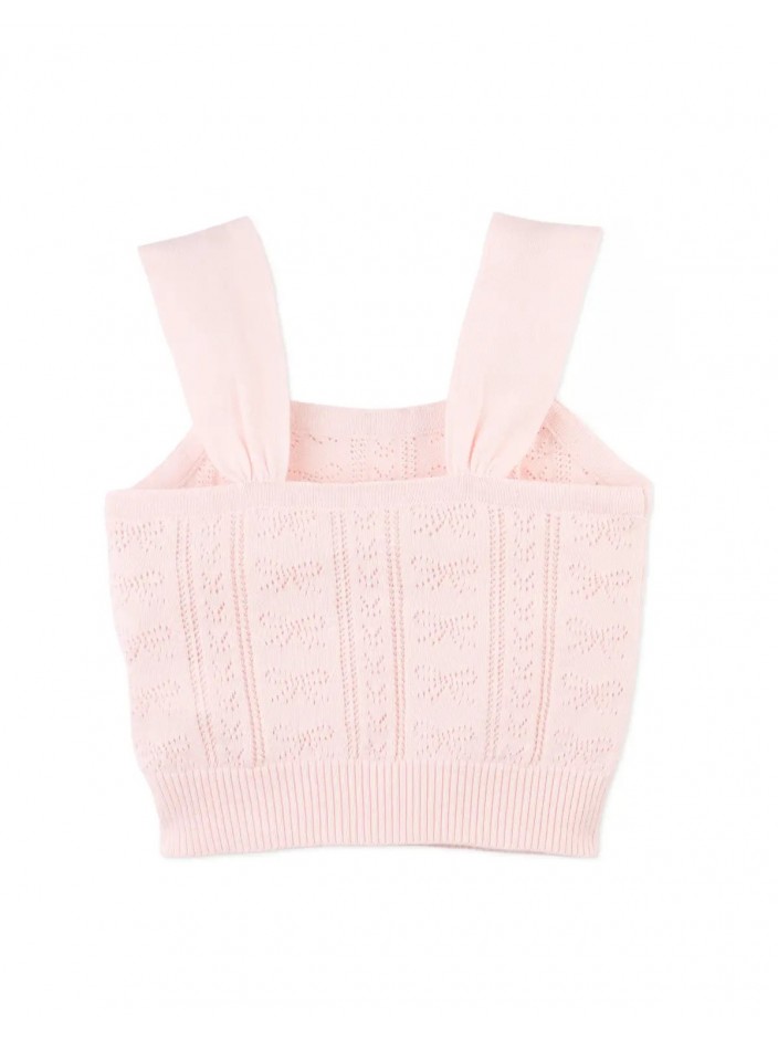 Sabrina Bow Pointelle Sleeves Top with Ribbed Hem